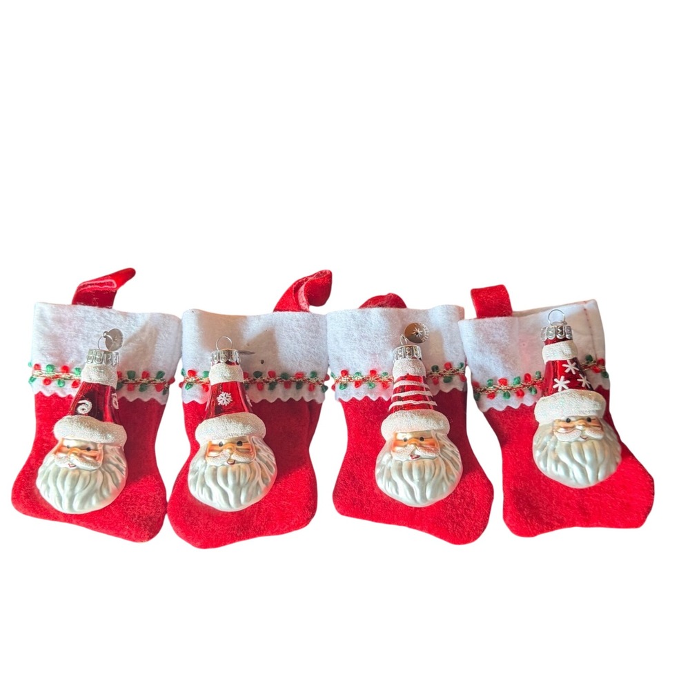 Christopher Radko Glass Santa Claus Ornaments w/Mini Red Felt Stockings Set of 4
